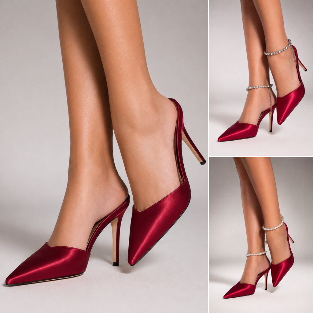 High Heels Maga — Wine Satin | Pearls & Diamonds