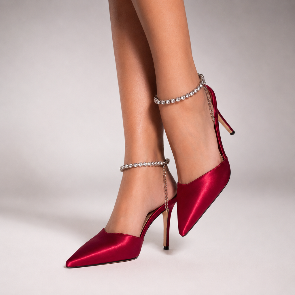 High Heels Maga — Wine Satin | Pearls & Diamonds